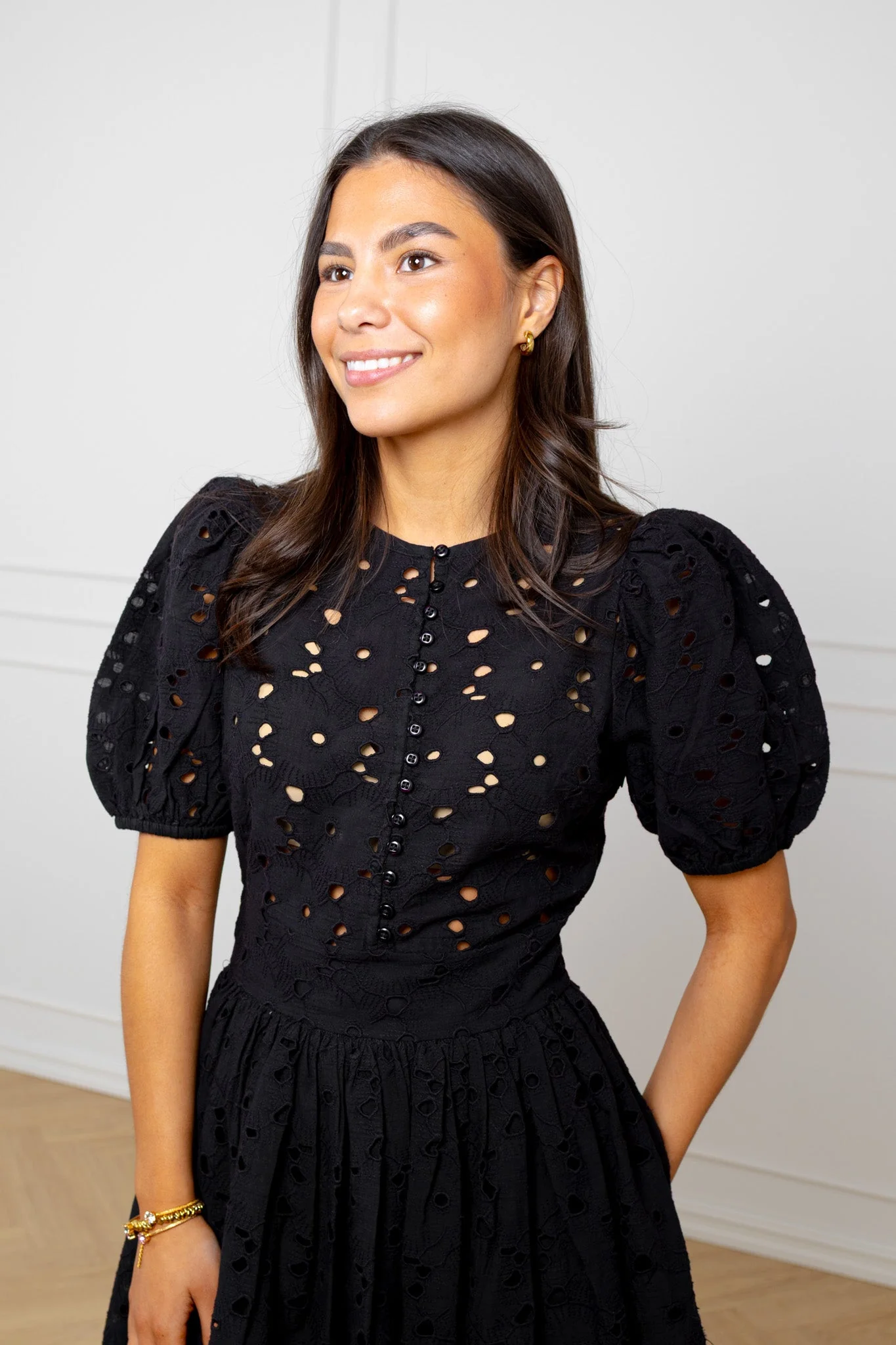 Broderie Anglaise Puffed Dress Black - Image 7
