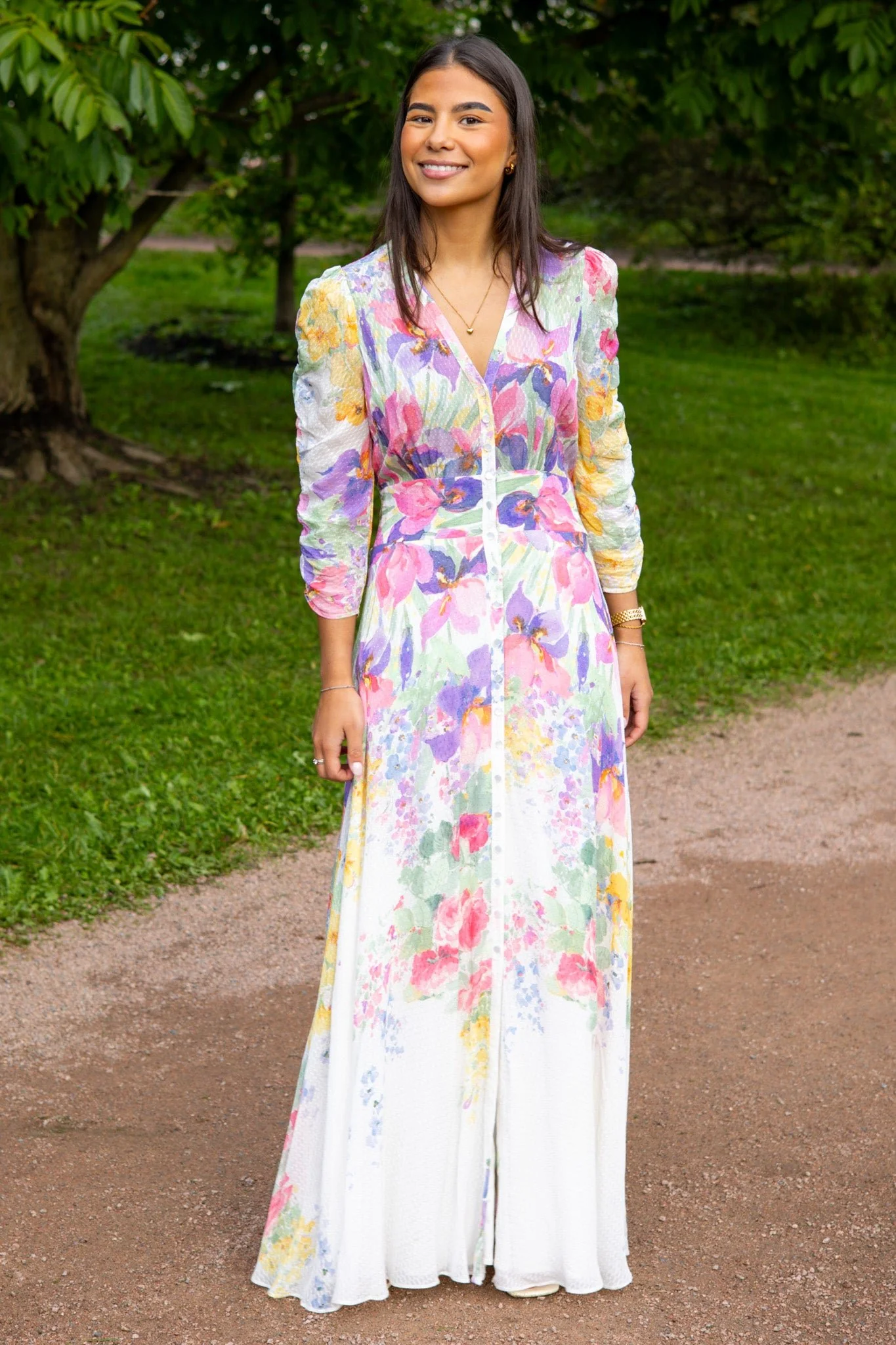 Dotted Georgette Button-Down Dress Flower Meadow