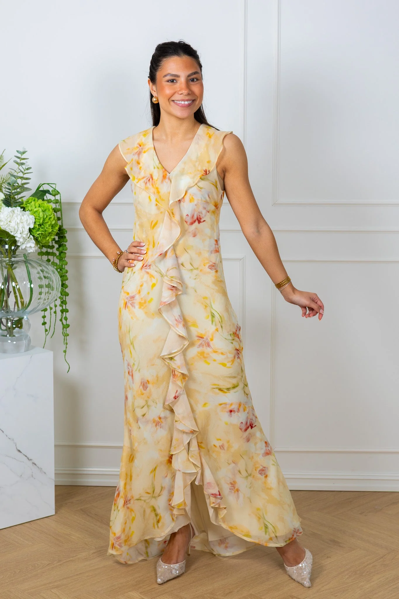 Zella Chiffon Print Dress Dusty Yellow