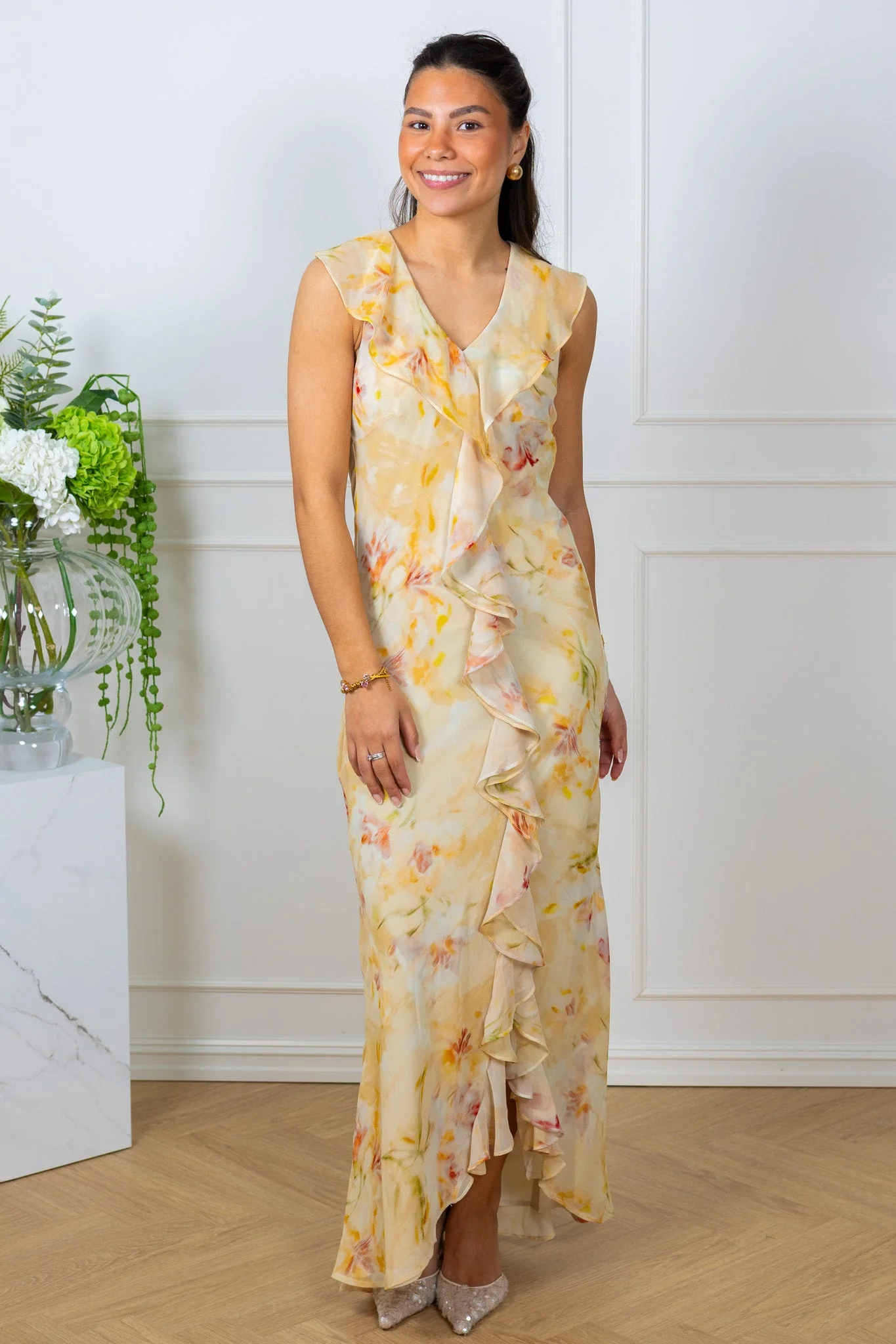 Zella Chiffon Print Dress Dusty Yellow - Image 3