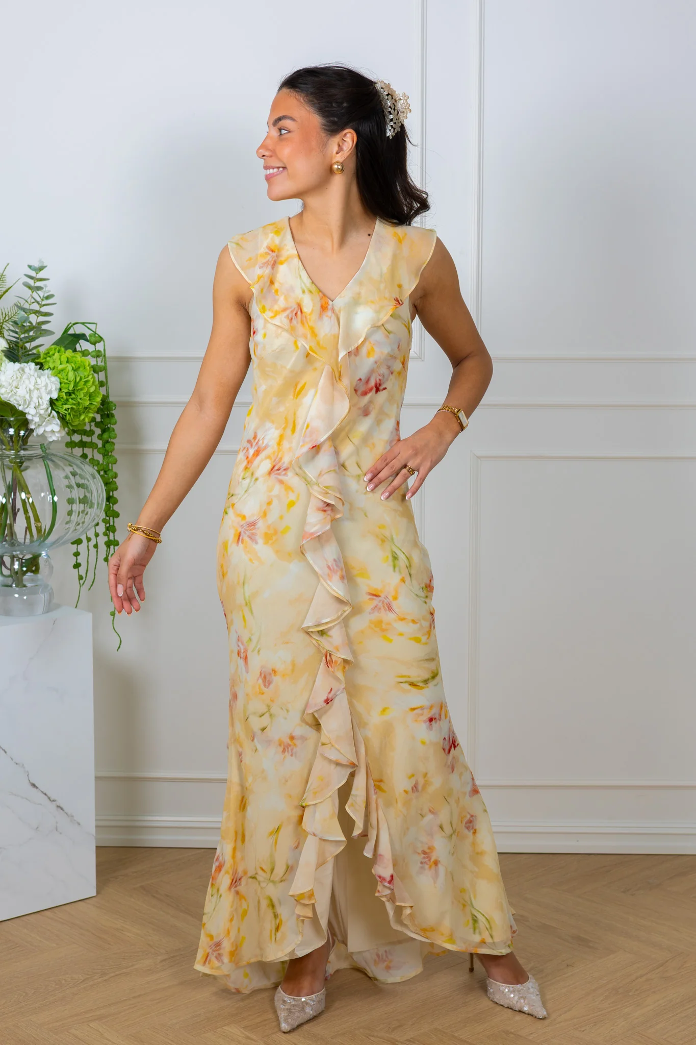 Zella Chiffon Print Dress Dusty Yellow - Image 4