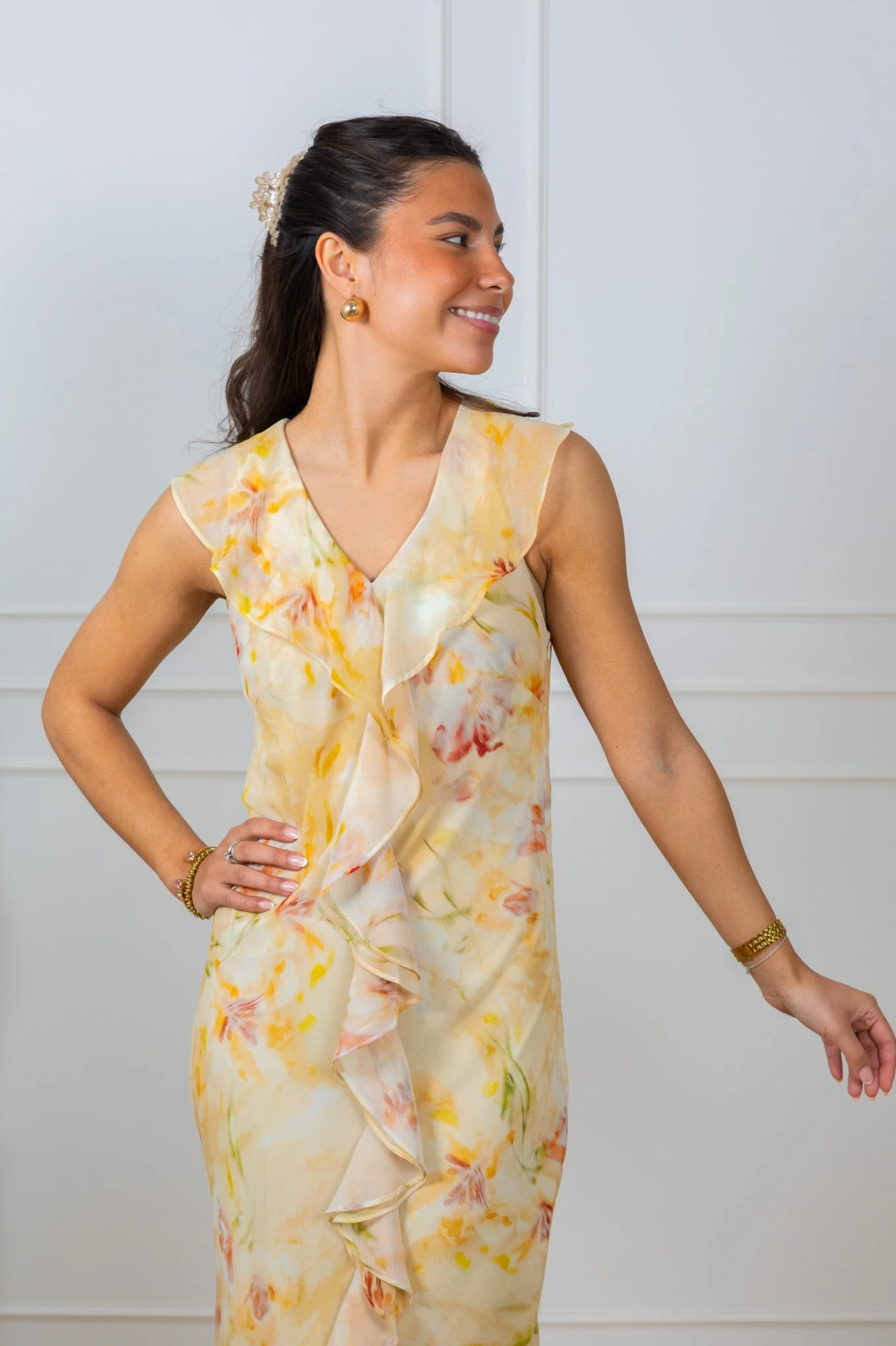 Zella Chiffon Print Dress Dusty Yellow - Image 6