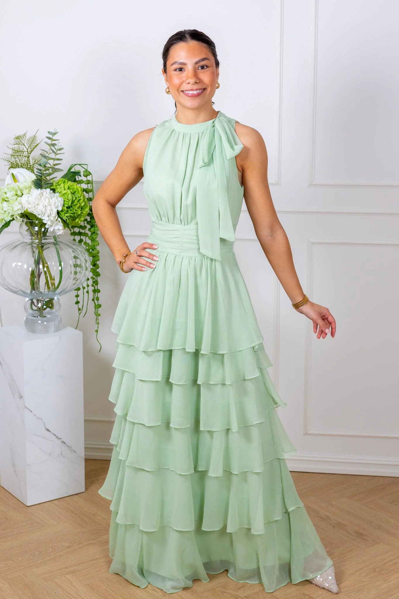 Marli Solid Chiffon Dress Light Green - Image 3