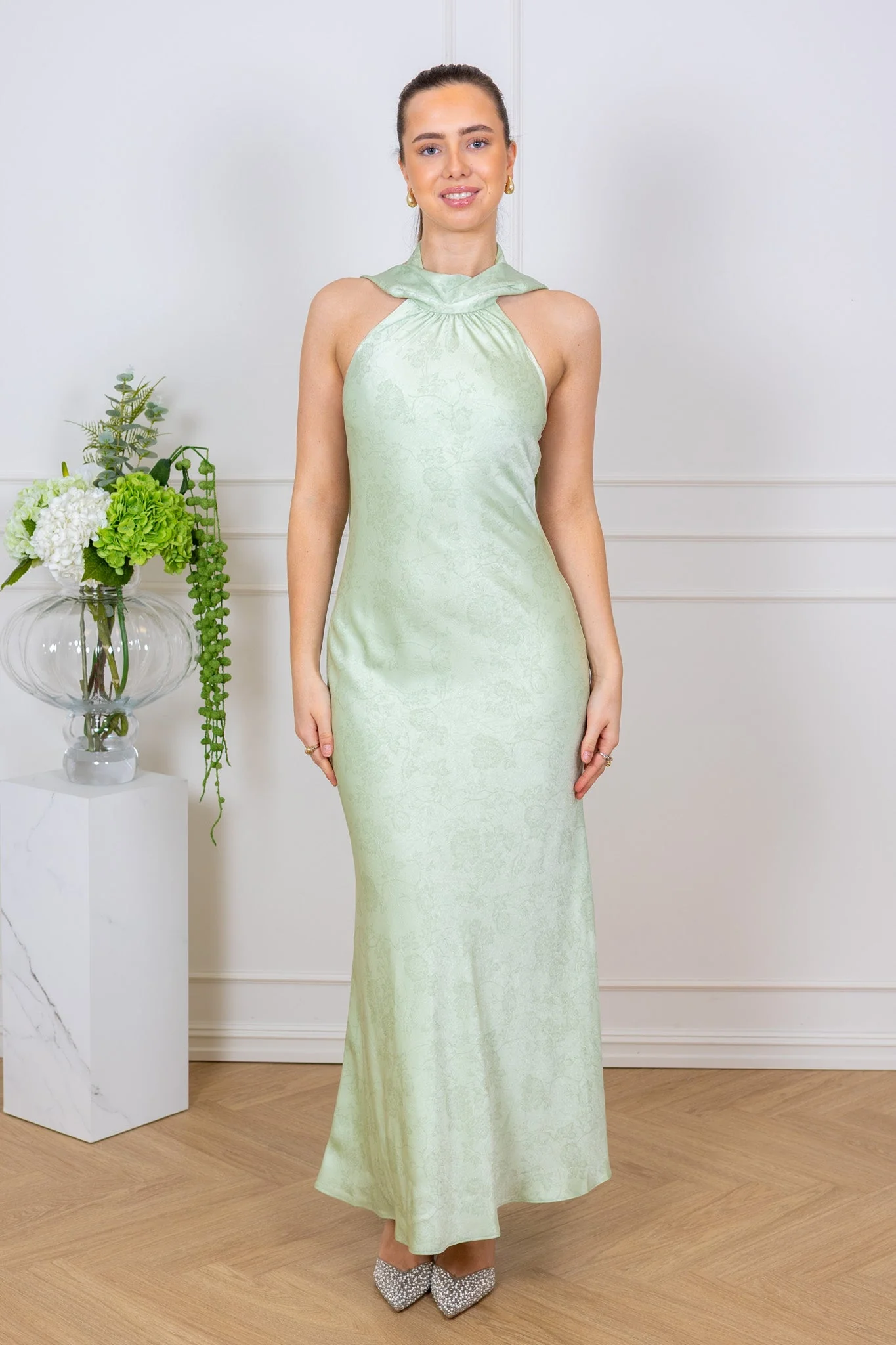 Fiona Pattern Satin Dress Light Green - Image 3