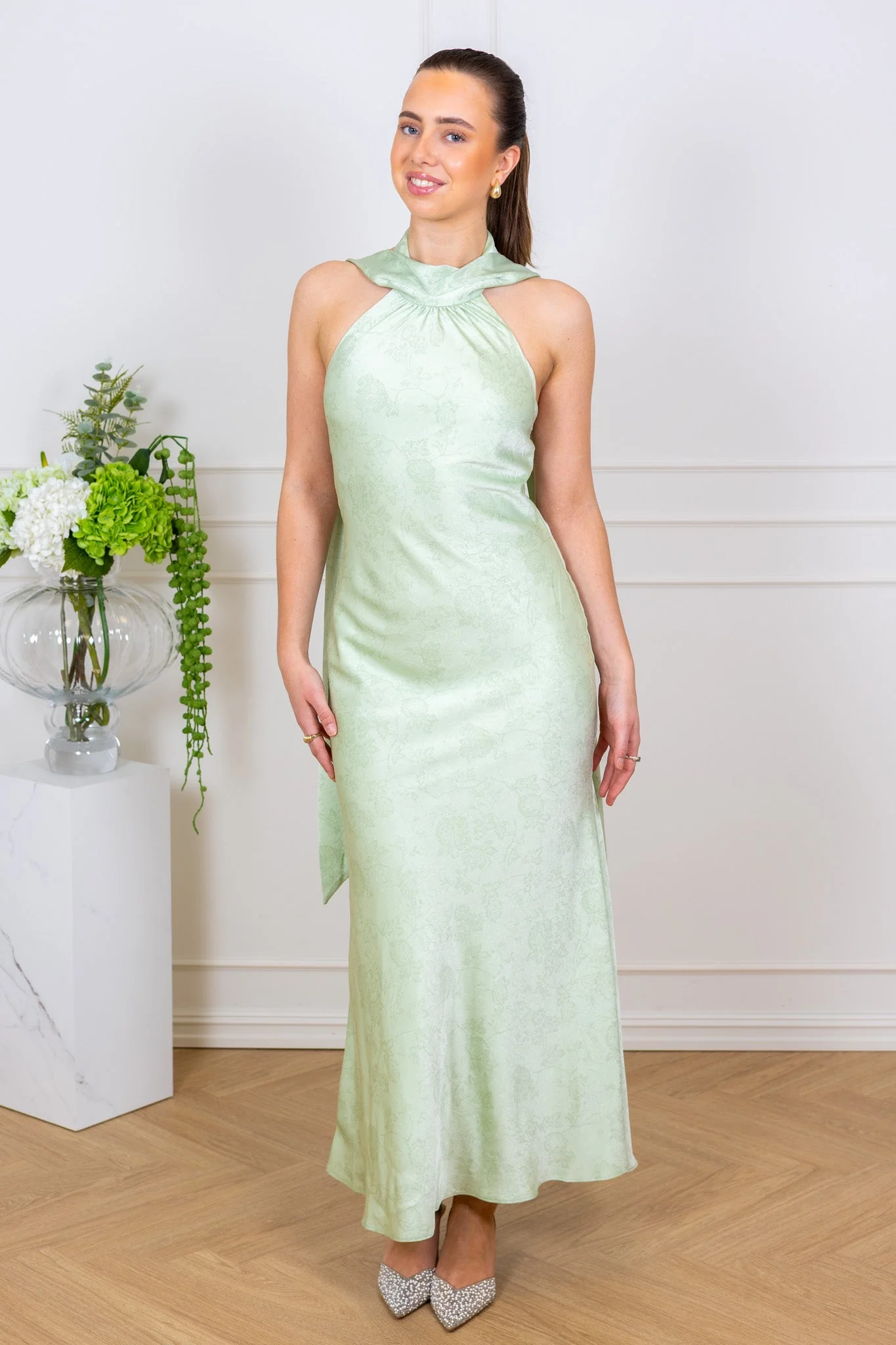Fiona Pattern Satin Dress Light Green - Image 4