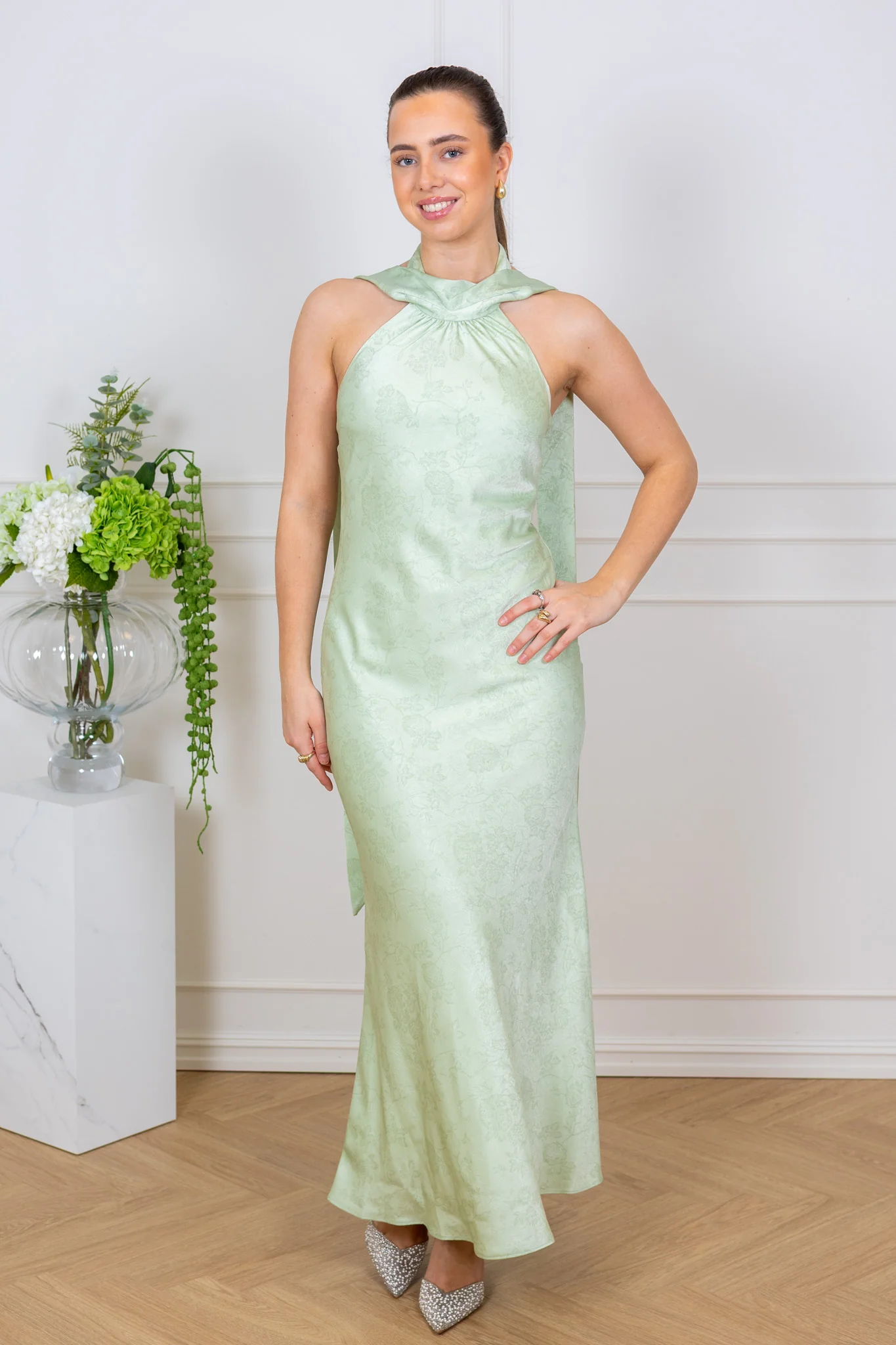 Fiona Pattern Satin Dress Light Green - Image 5
