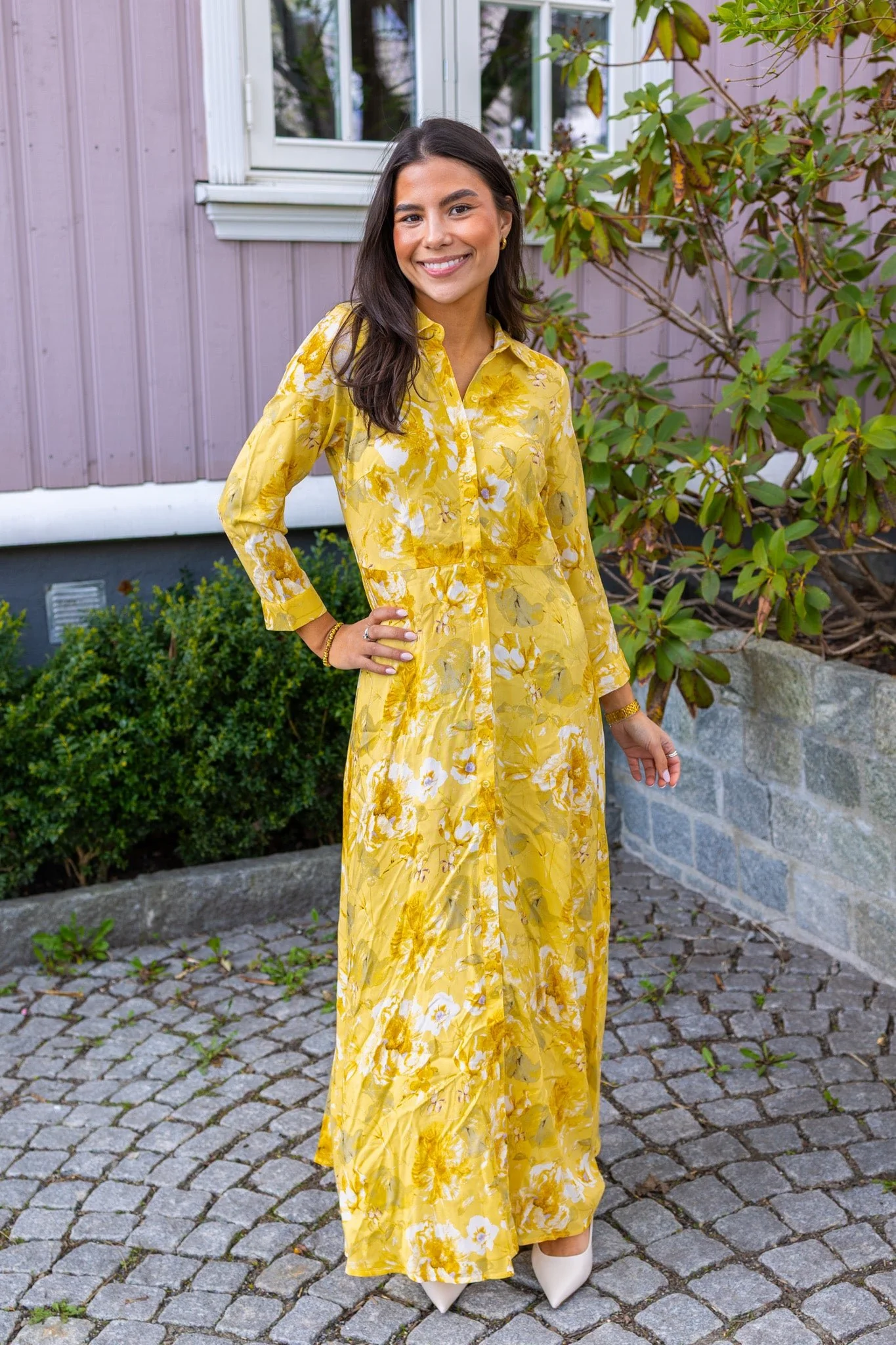 Savanna Long Shirt Dress Pale Banana Lemon Print