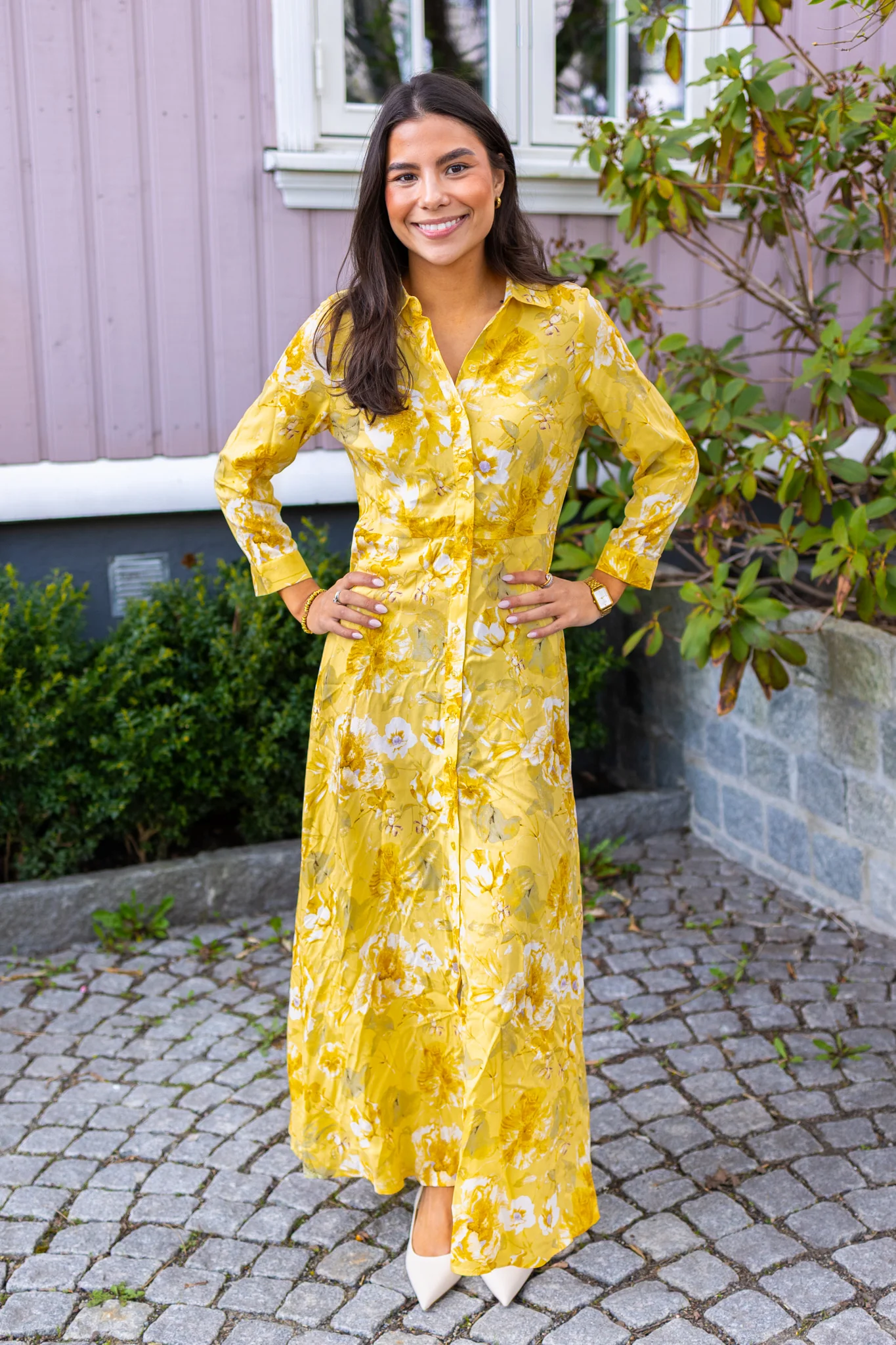 Savanna Long Shirt Dress Pale Banana Lemon Print - Image 5