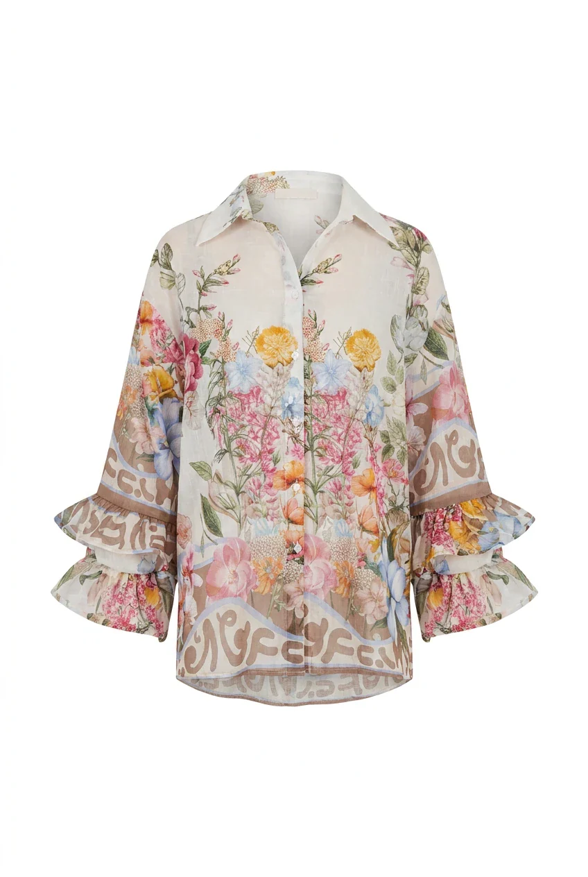 Spring Ruffle Bluse Cream Flower