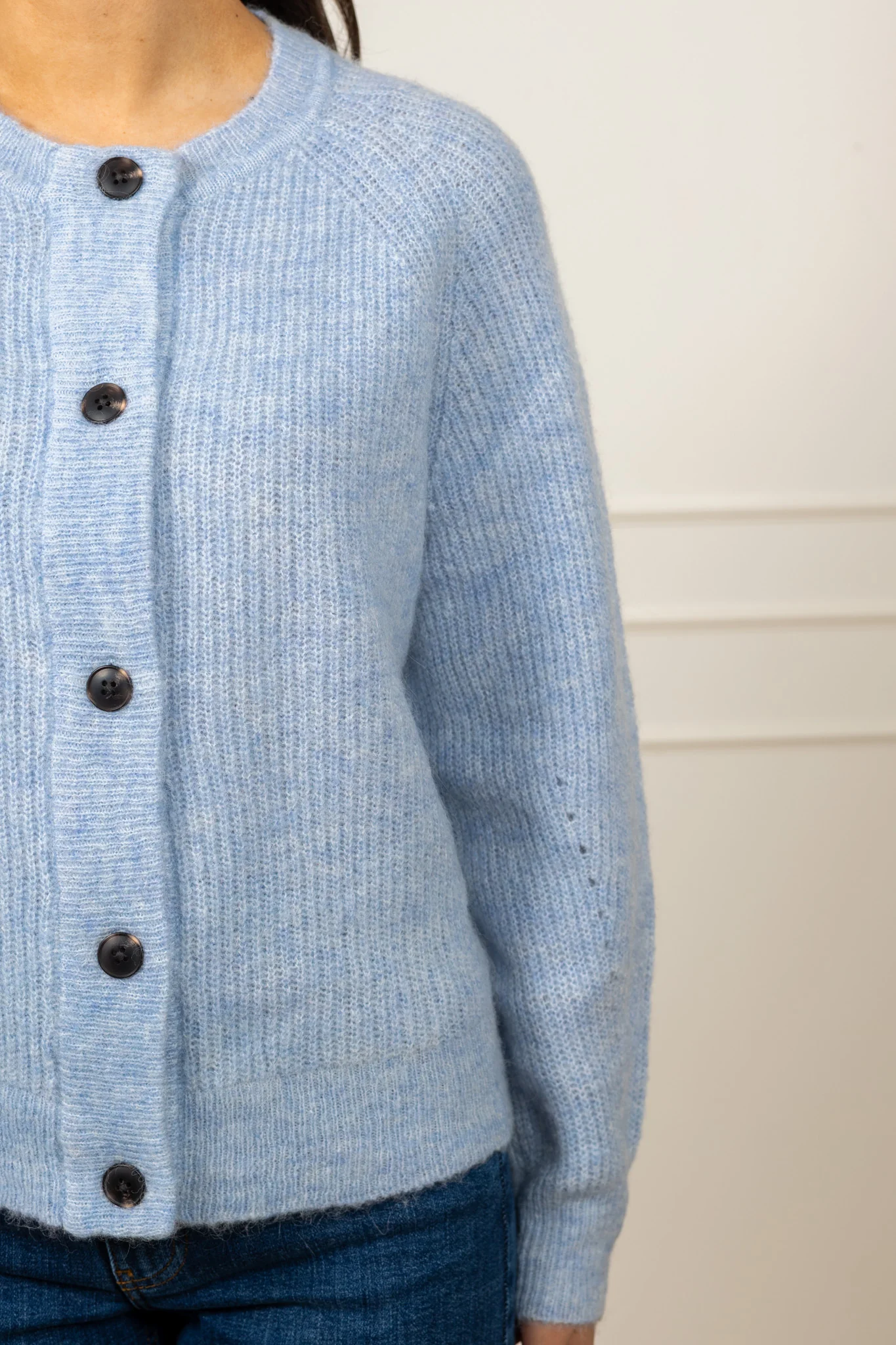 Lulu Ls Knit Short Cardigan B Cashmere Blue Melange - Image 10