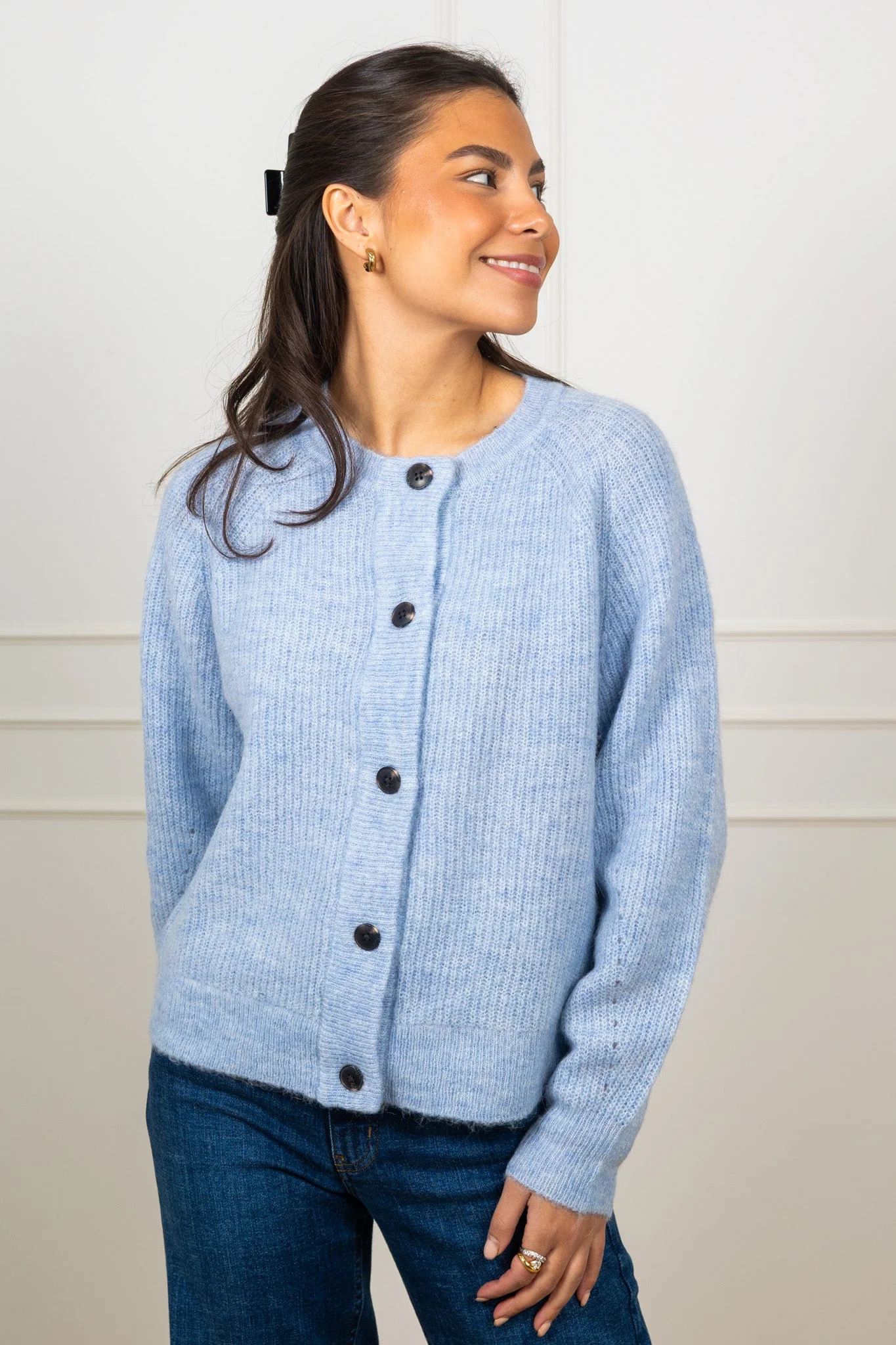 Lulu Ls Knit Short Cardigan B Cashmere Blue Melange - Image 4