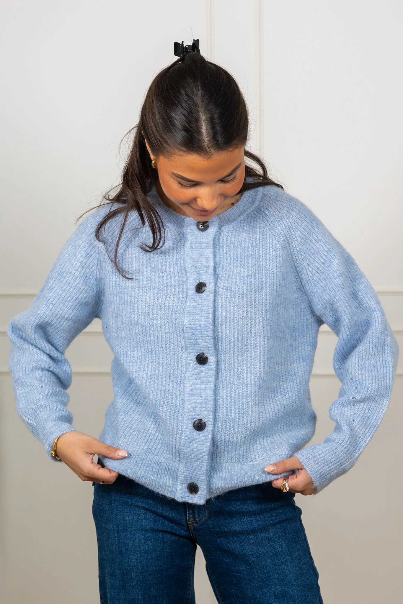 Lulu Ls Knit Short Cardigan B Cashmere Blue Melange - Image 5