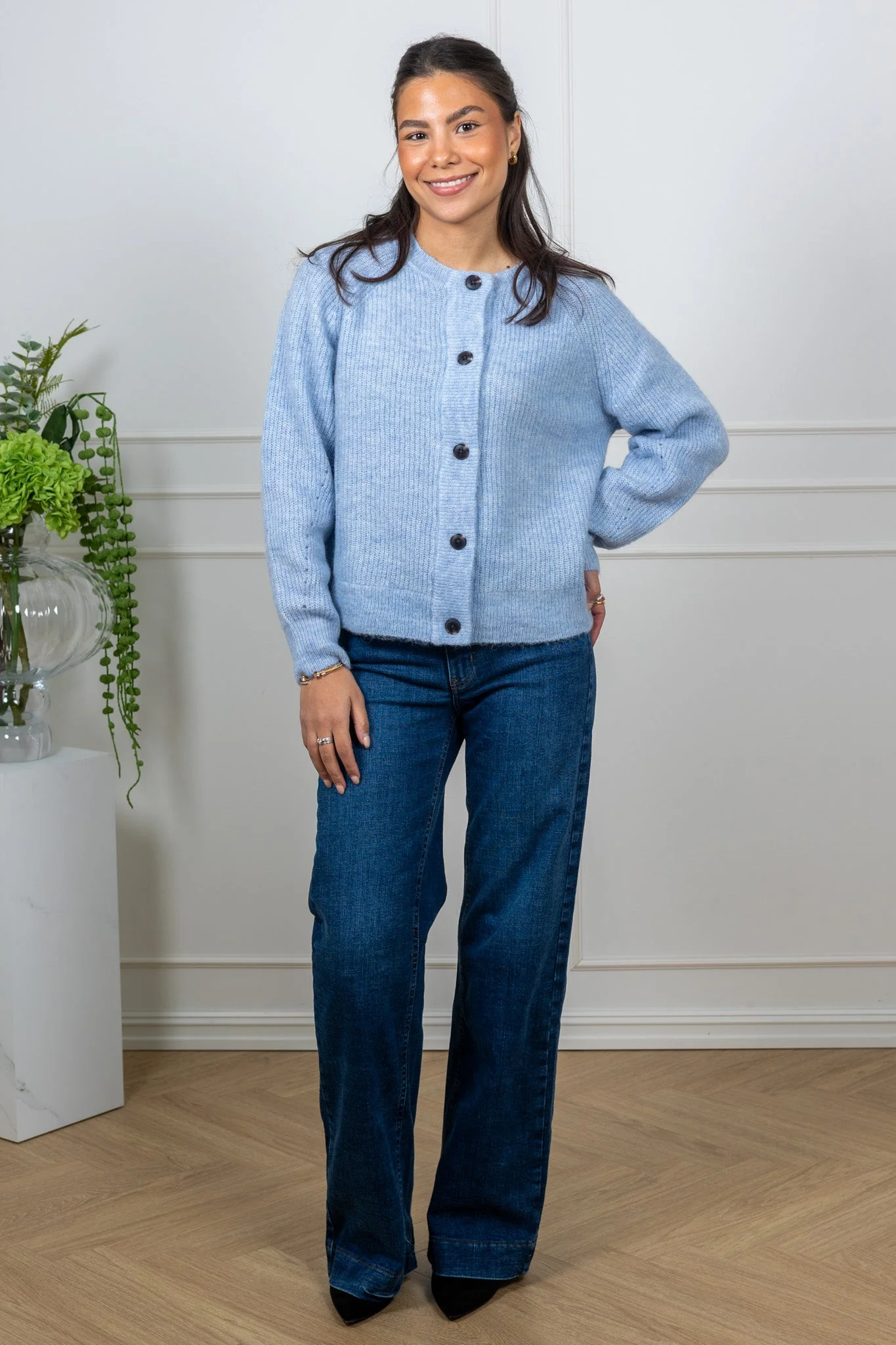 Lulu Ls Knit Short Cardigan B Cashmere Blue Melange - Image 6