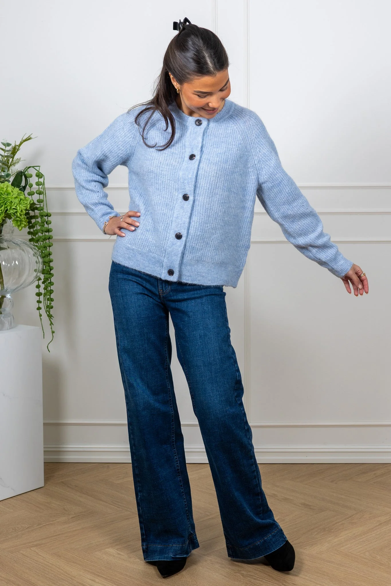 Lulu Ls Knit Short Cardigan B Cashmere Blue Melange - Image 7
