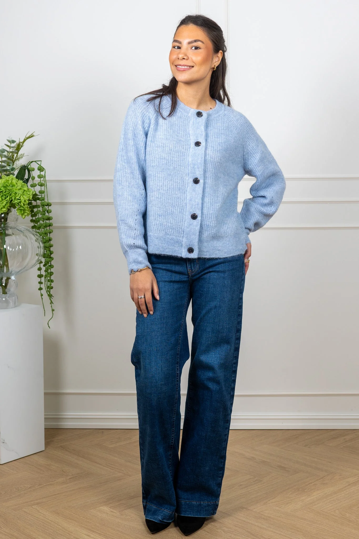 Lulu Ls Knit Short Cardigan B Cashmere Blue Melange - Image 8
