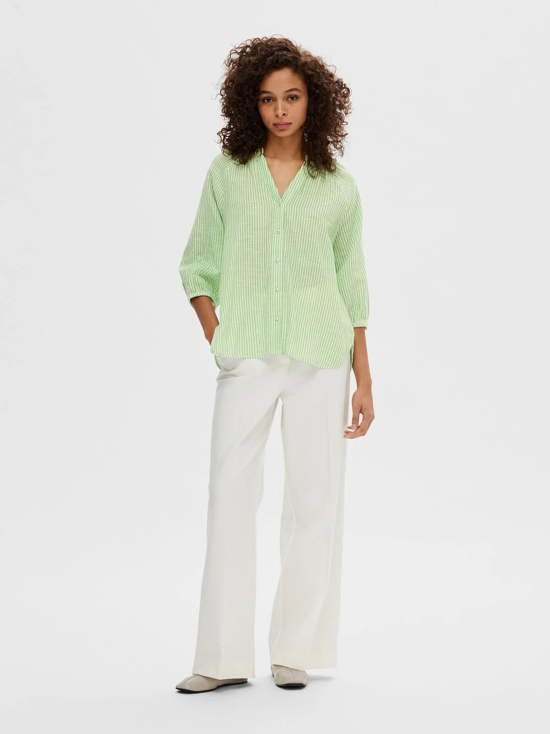 Alberta 3/4 Stripe Shirt  Snow White Classic Green Stripes - Image 4