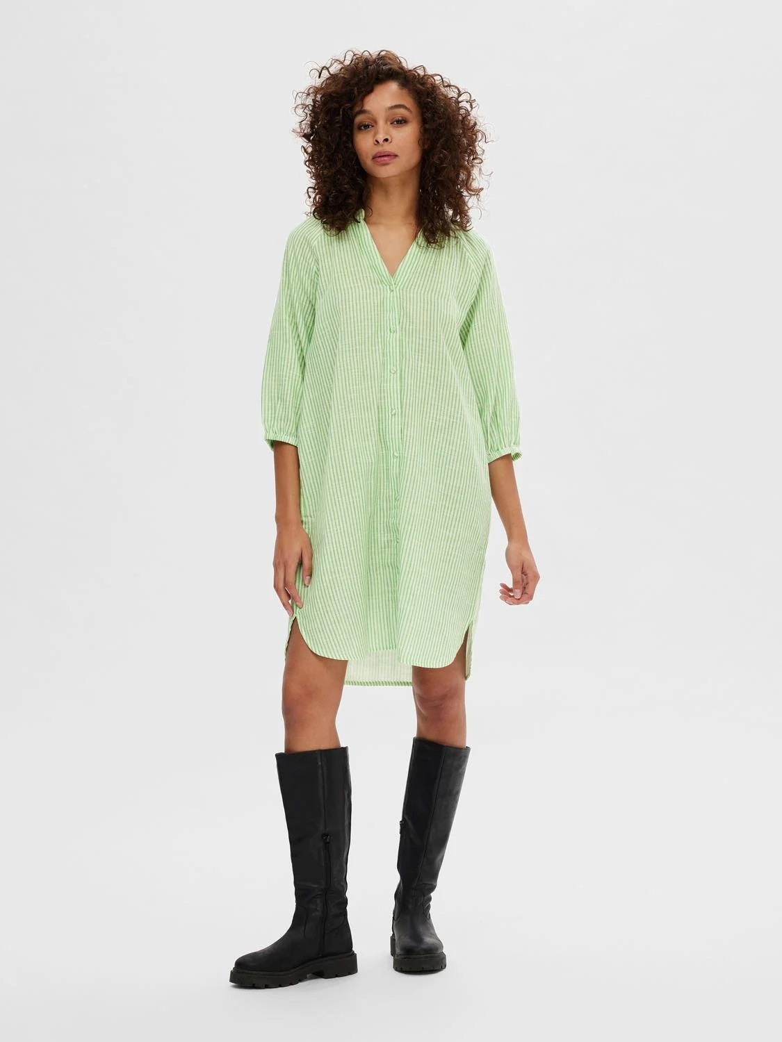 Alberta 3/4 Stripe Short Dress  Snow White Classic Green Stripes - Image 2
