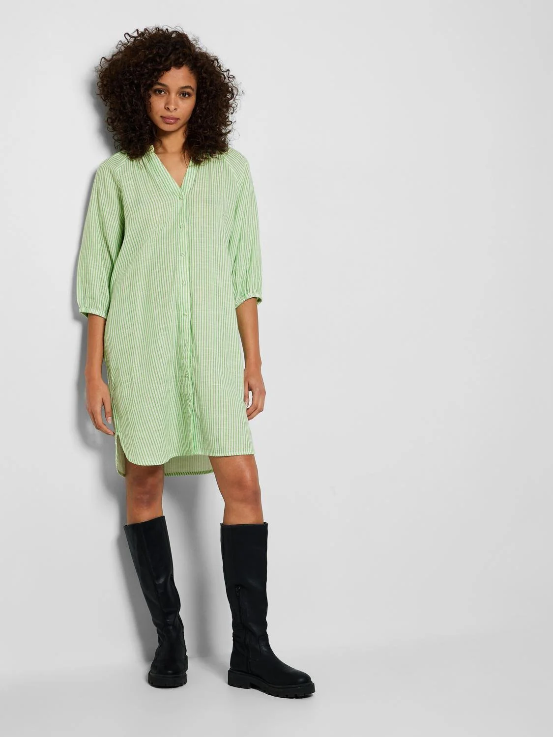 Alberta 3/4 Stripe Short Dress  Snow White Classic Green Stripes - Image 3