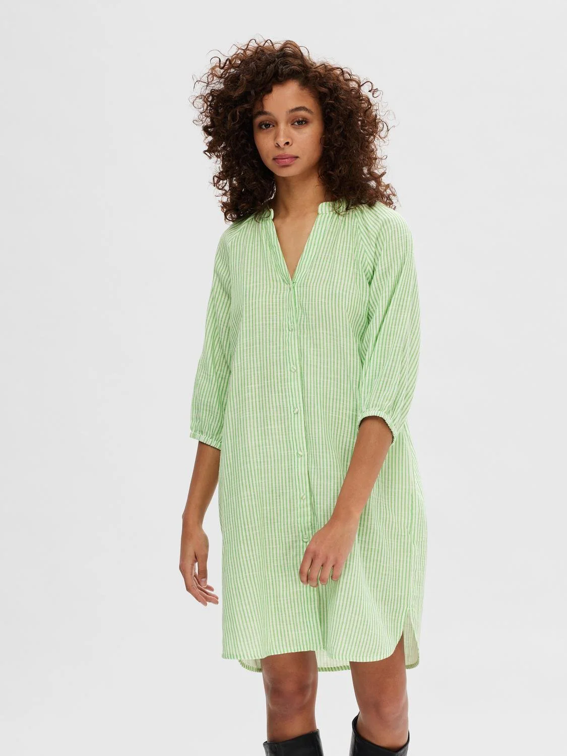 Alberta 3/4 Stripe Short Dress  Snow White Classic Green Stripes - Image 4