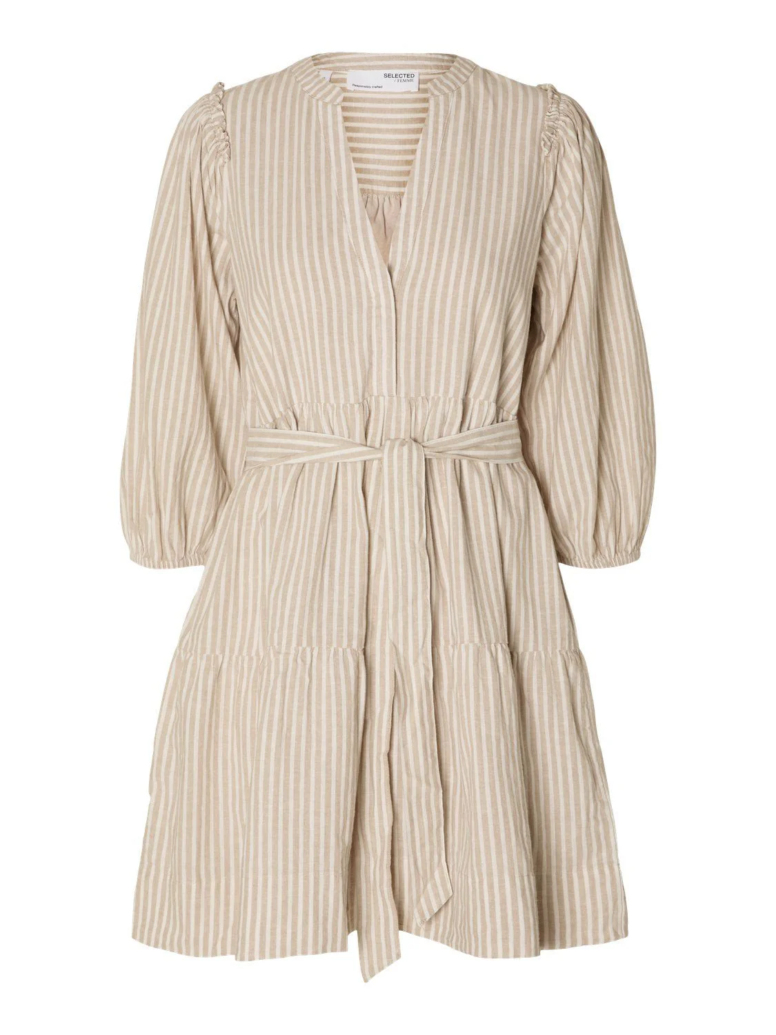 Hillie 3/4 Striped Short Linen Dressb Snow White Humus