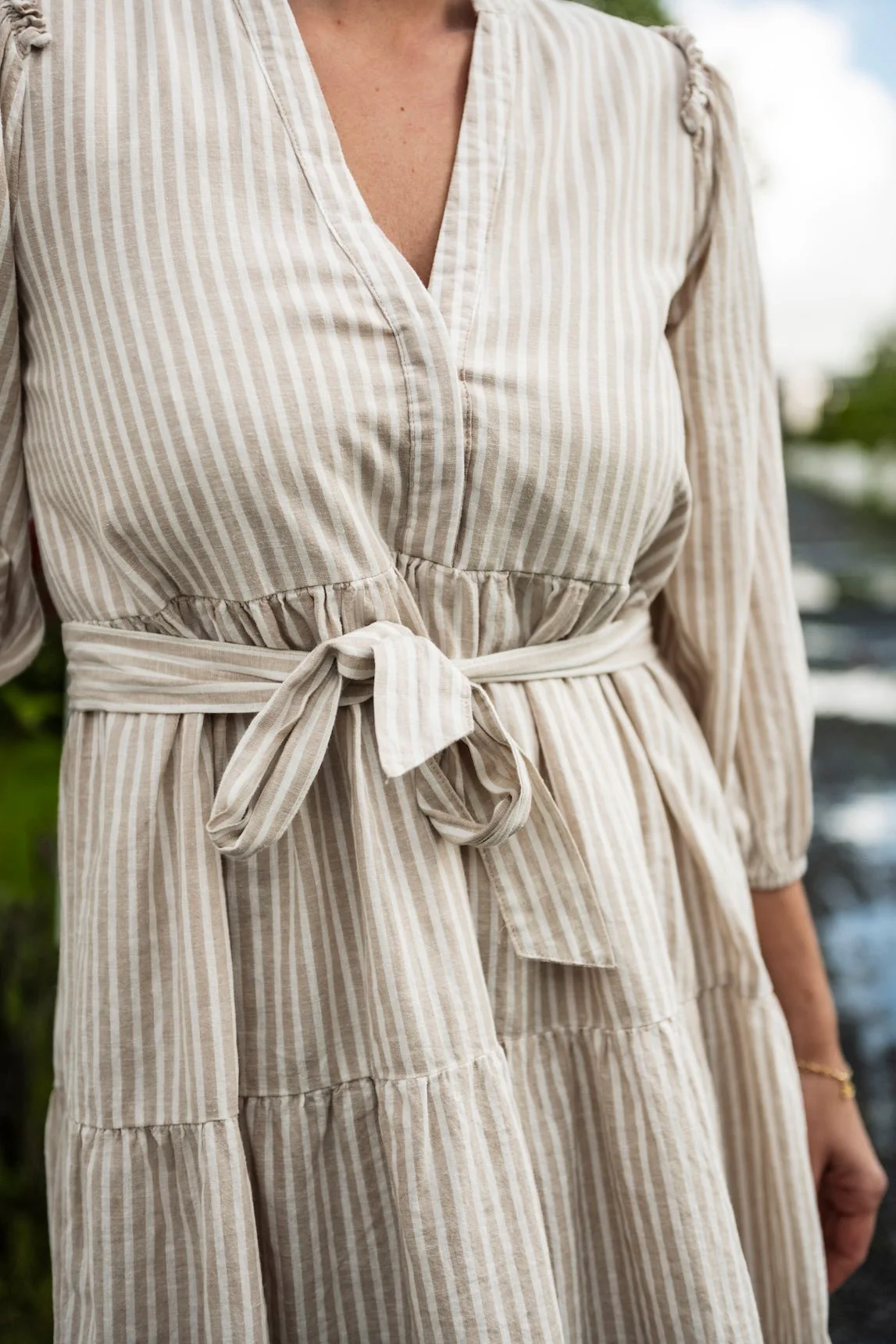 Hillie 3/4 Striped Short Linen Dressb Snow White Humus - Image 5