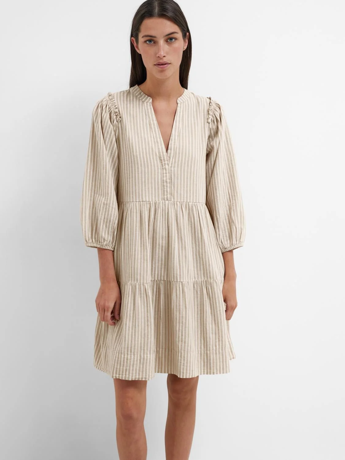 Hillie 3/4 Striped Short Linen Dressb Snow White Humus - Image 6