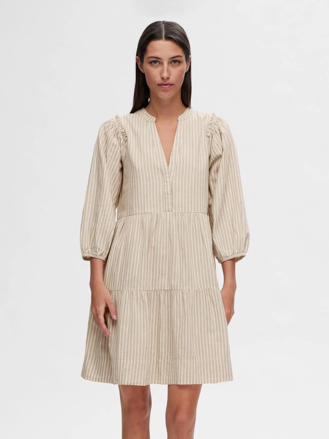 Hillie 3/4 Striped Short Linen Dressb Snow White Humus - Image 7