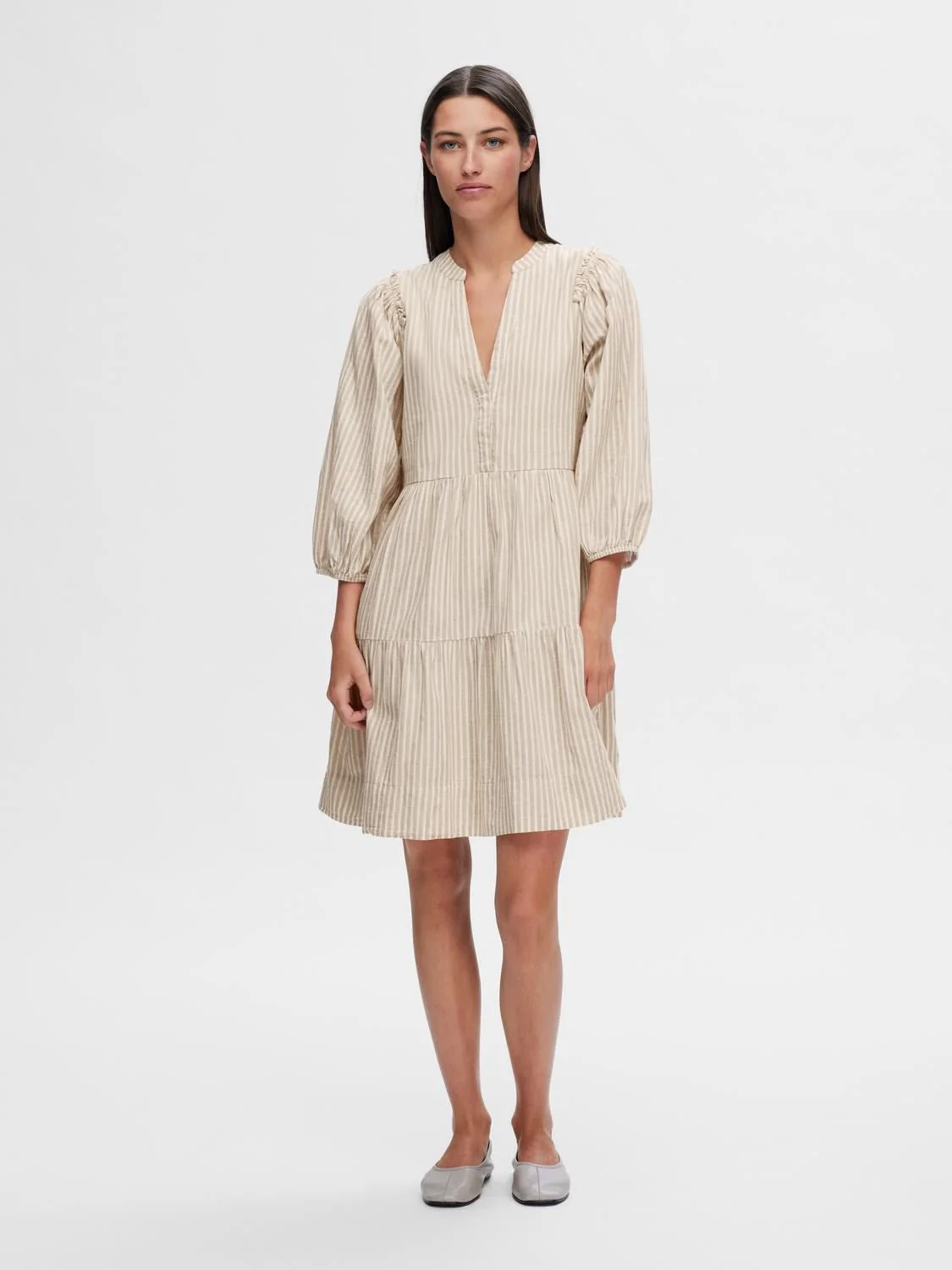 Hillie 3/4 Striped Short Linen Dressb Snow White Humus - Image 8