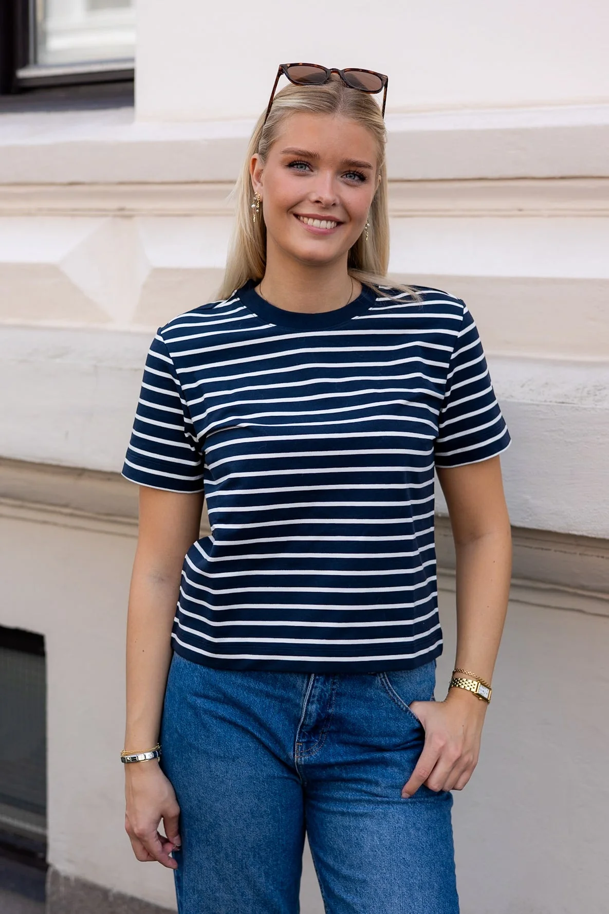 Elfrida Ss Contrast Boxy Tee Stripe Dark Sapphire Snow White