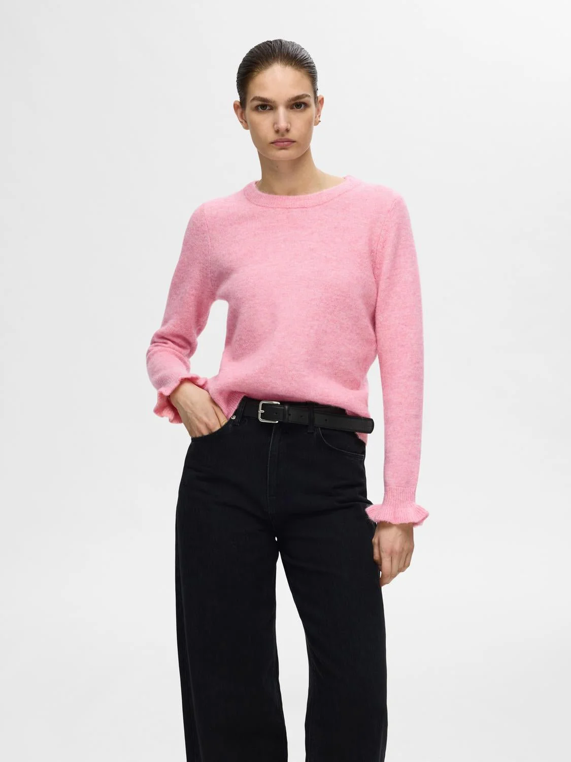 Lulu Ls Knit Frill Cuff O-Neck Peony Melange - Image 6