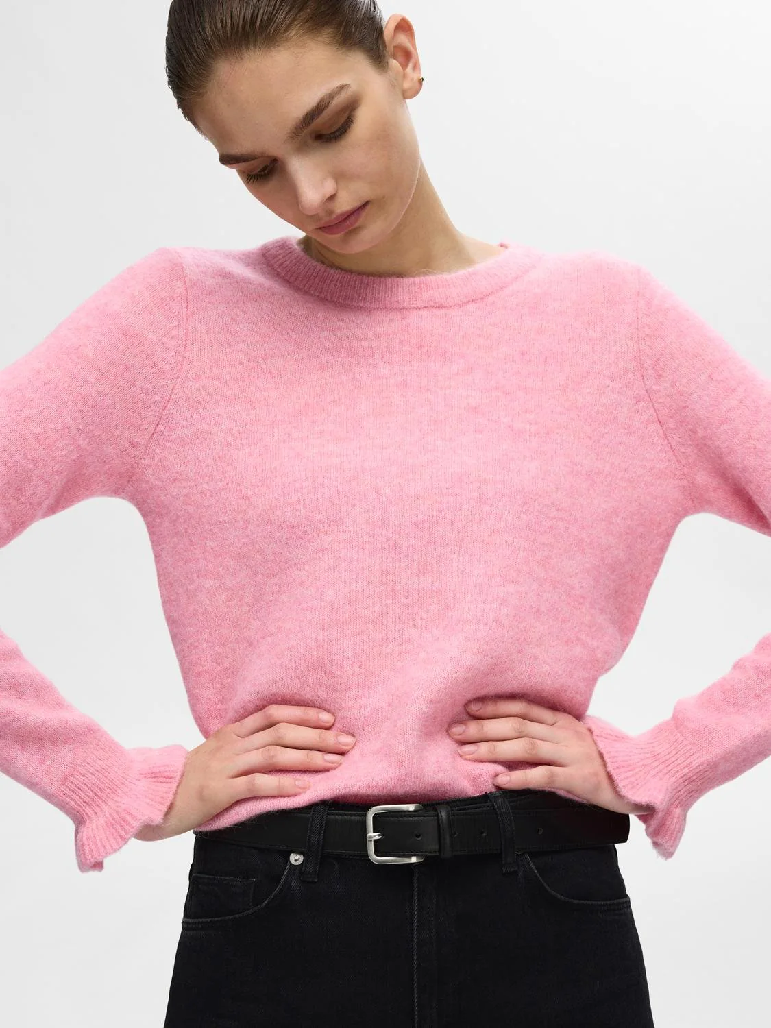 Lulu Ls Knit Frill Cuff O-Neck Peony Melange - Image 8