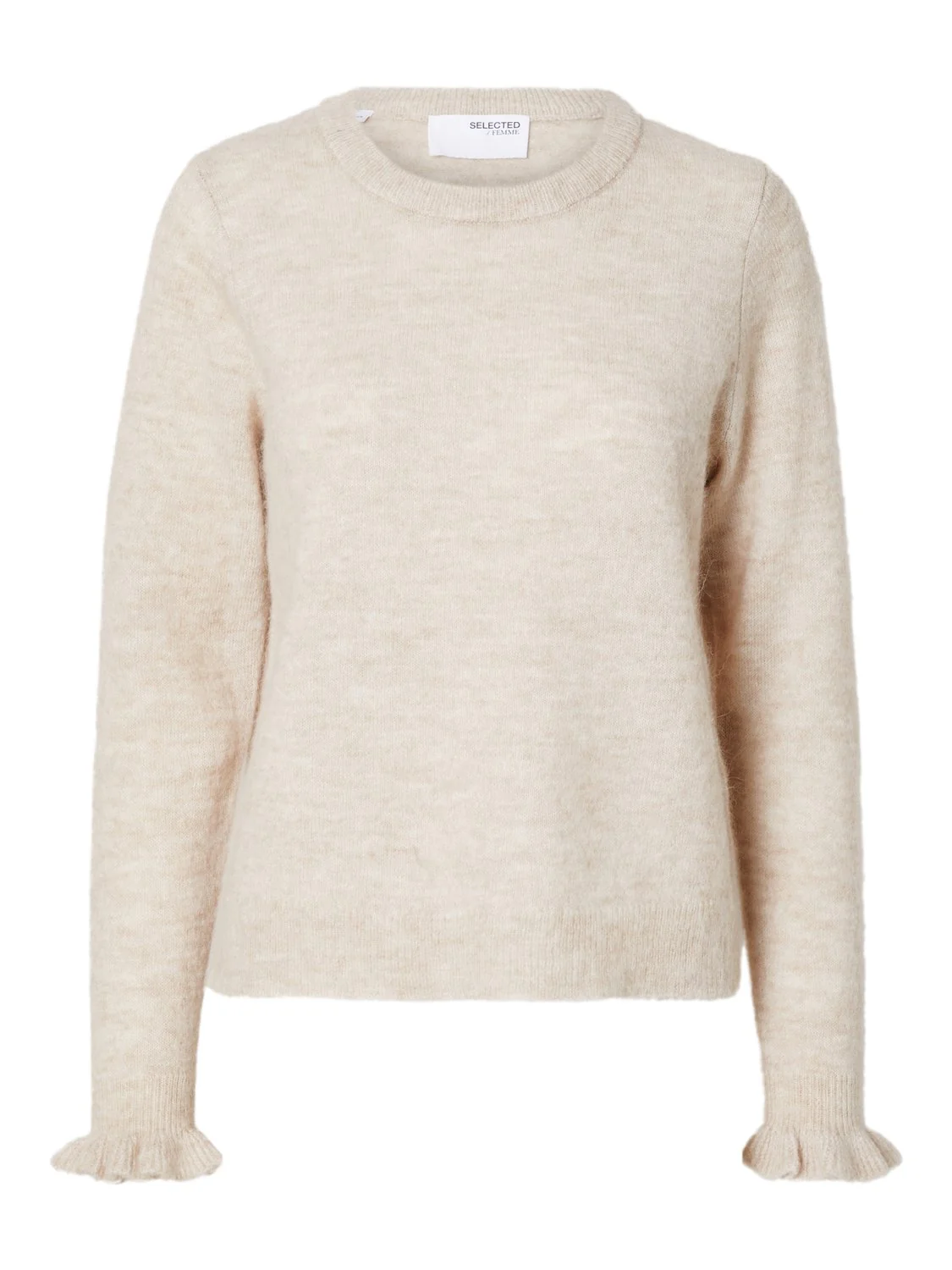 Lulu Ls Knit Frill Cuff O-Neck Birch Melange