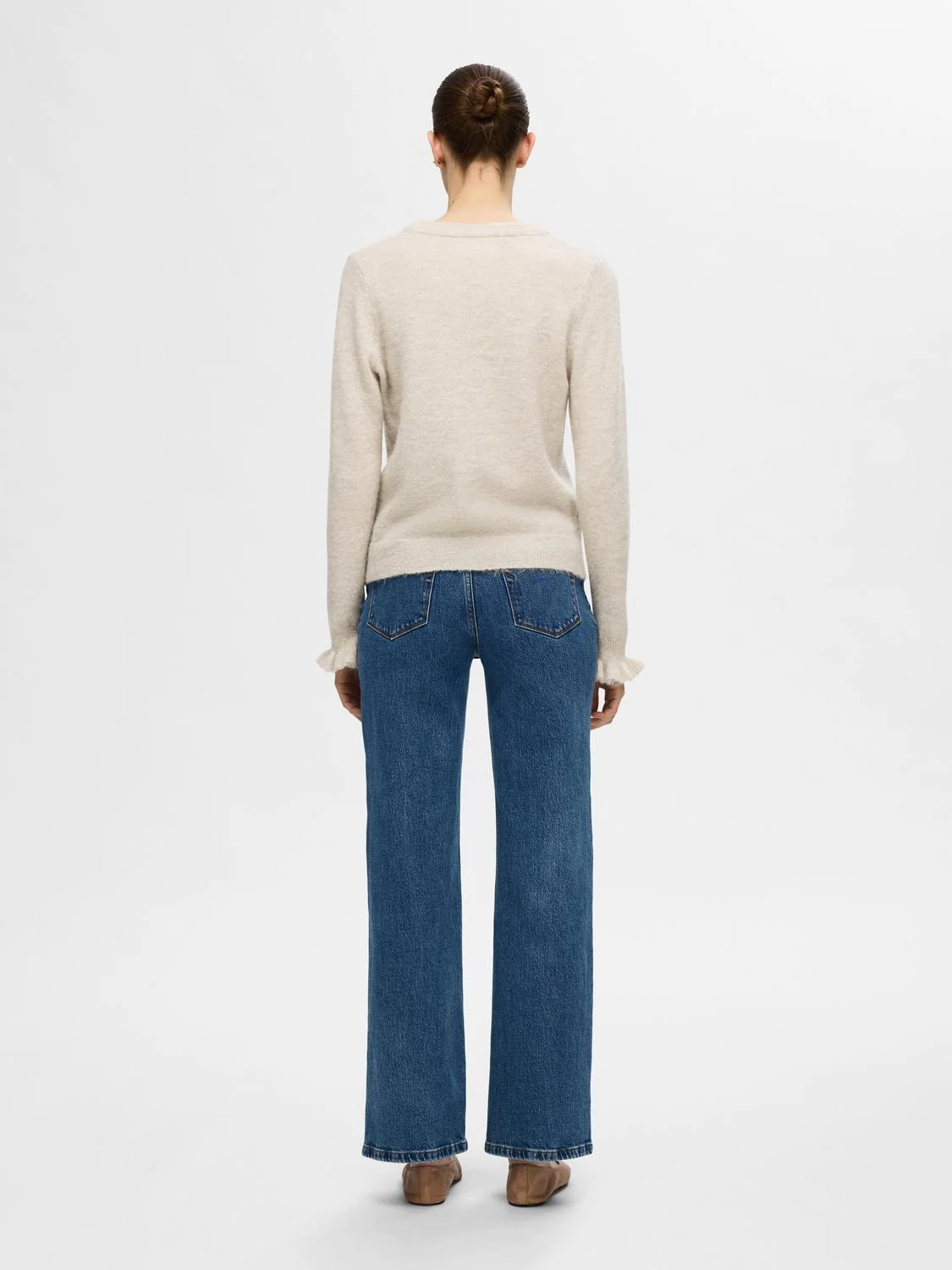 Lulu Ls Knit Frill Cuff O-Neck Birch Melange - Image 5