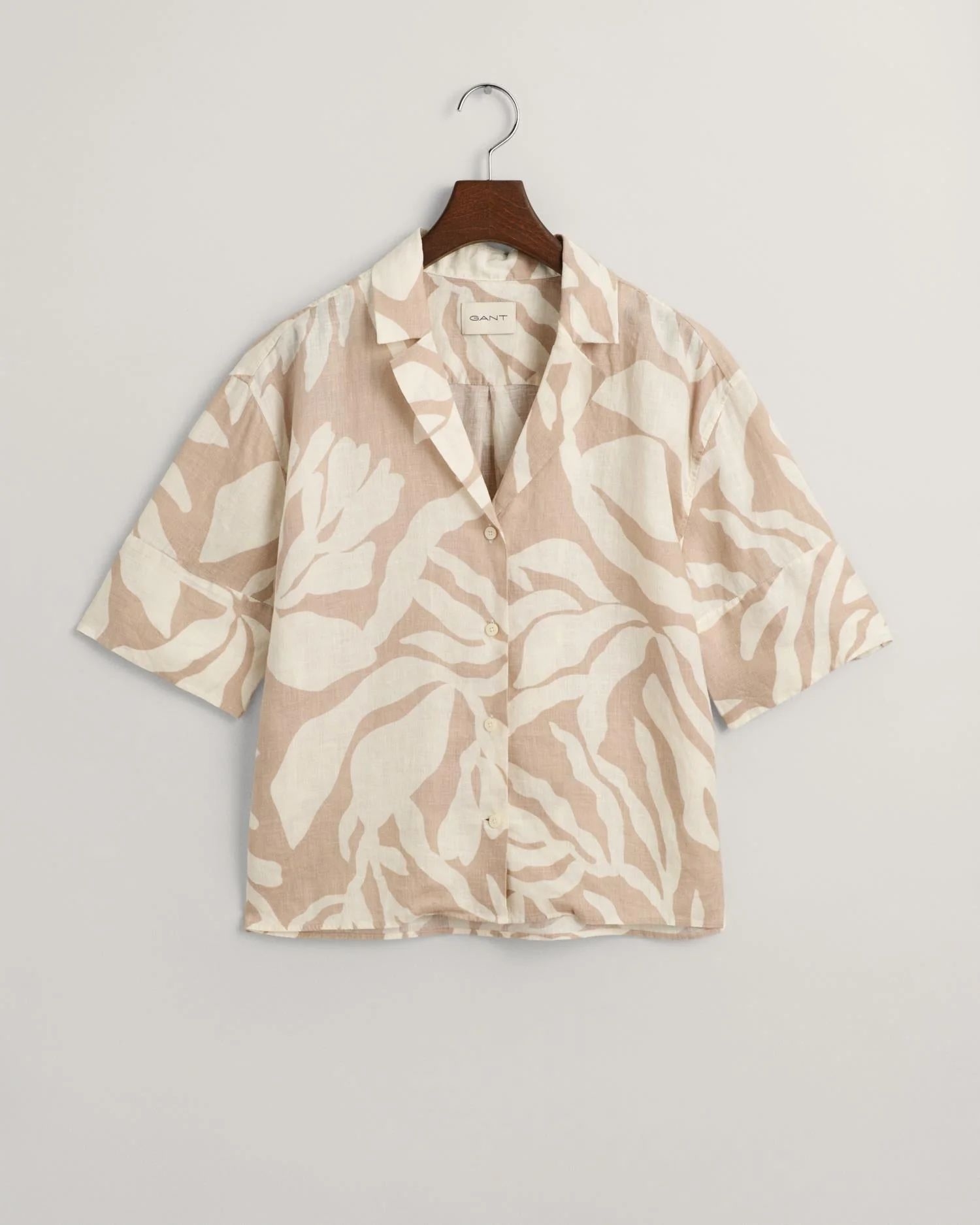 Relaxed Fit Palm Print Linen Short Sleeve Shirt Dry Sand
