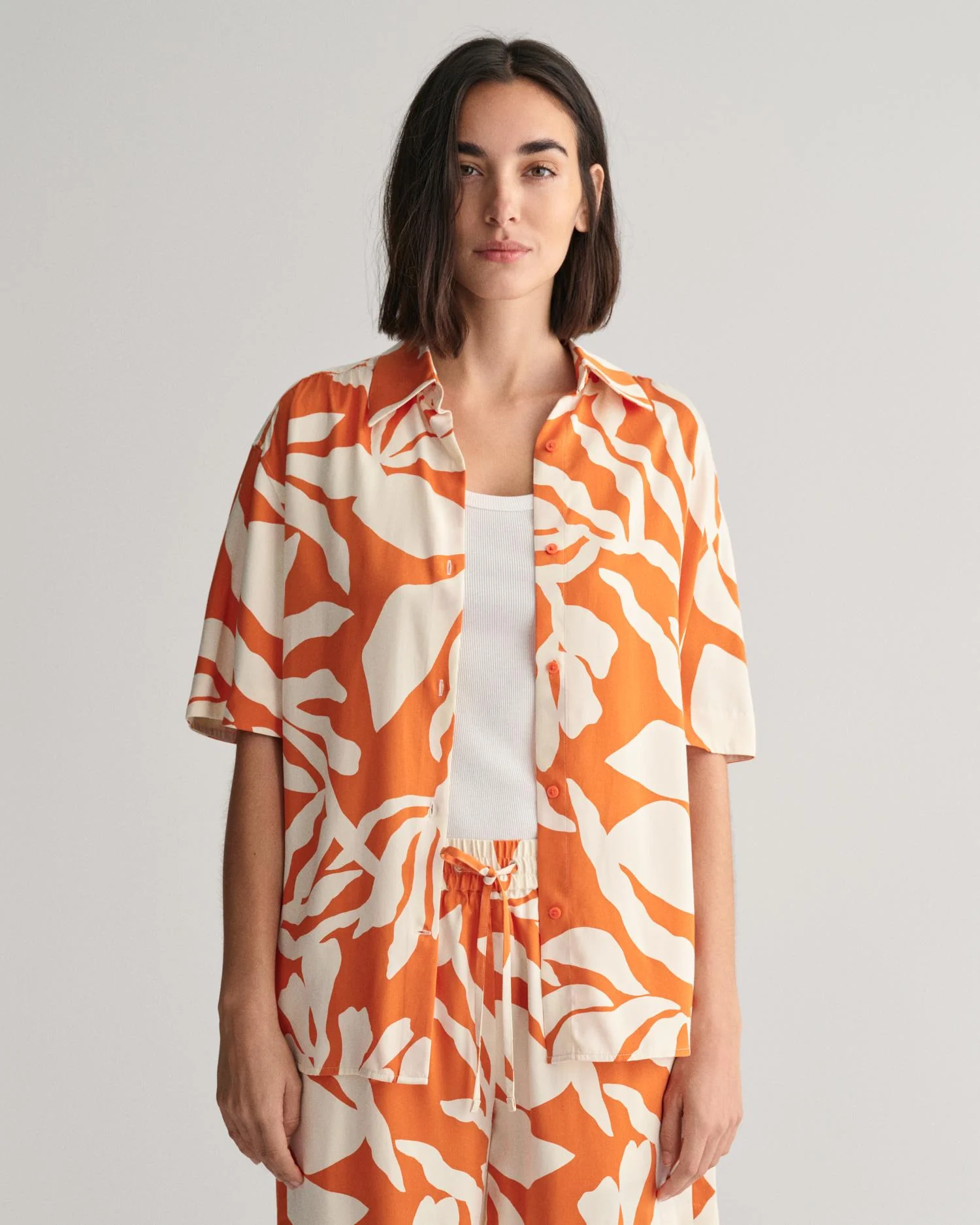 Relaxed Fit Palm Print Short Sleeve Shirt Pumpkin Orange