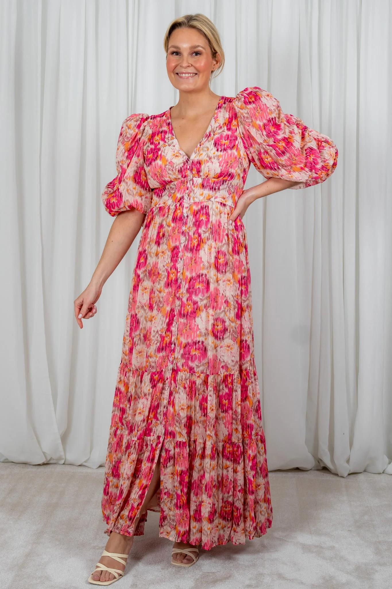 Dotted Georgette Button Down Gown Brushed Blossom