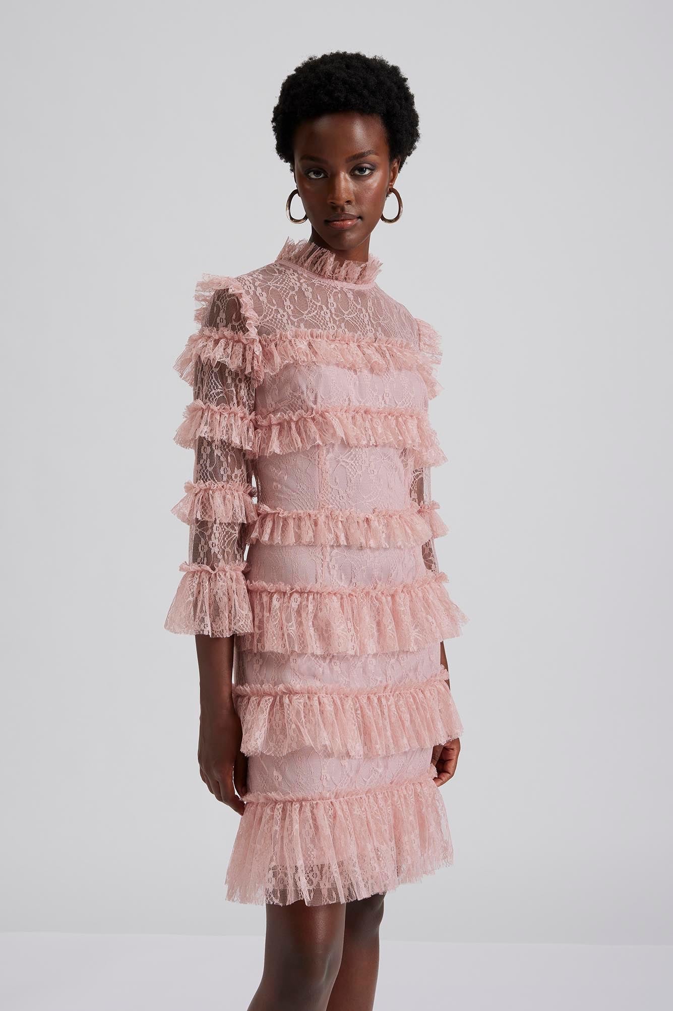 Carmine Frill Mini Lace Dress Blush - Image 2