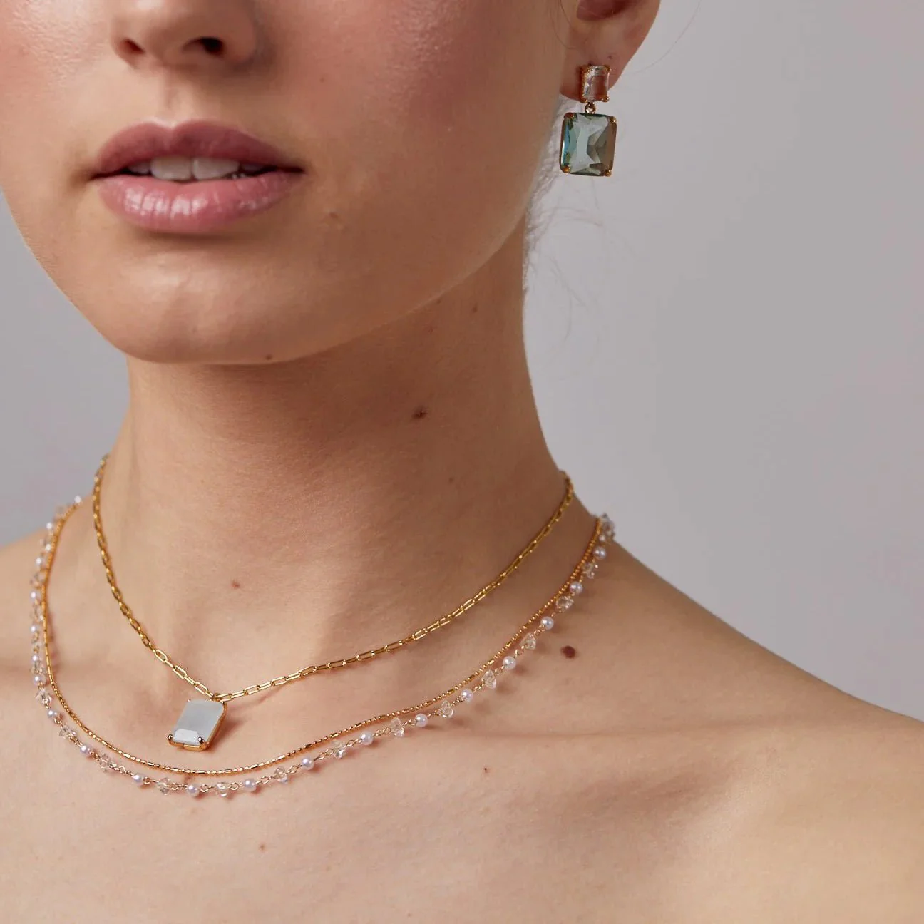 Crystal & Pearl Chain 2 Row Necklace Crystal - Image 2