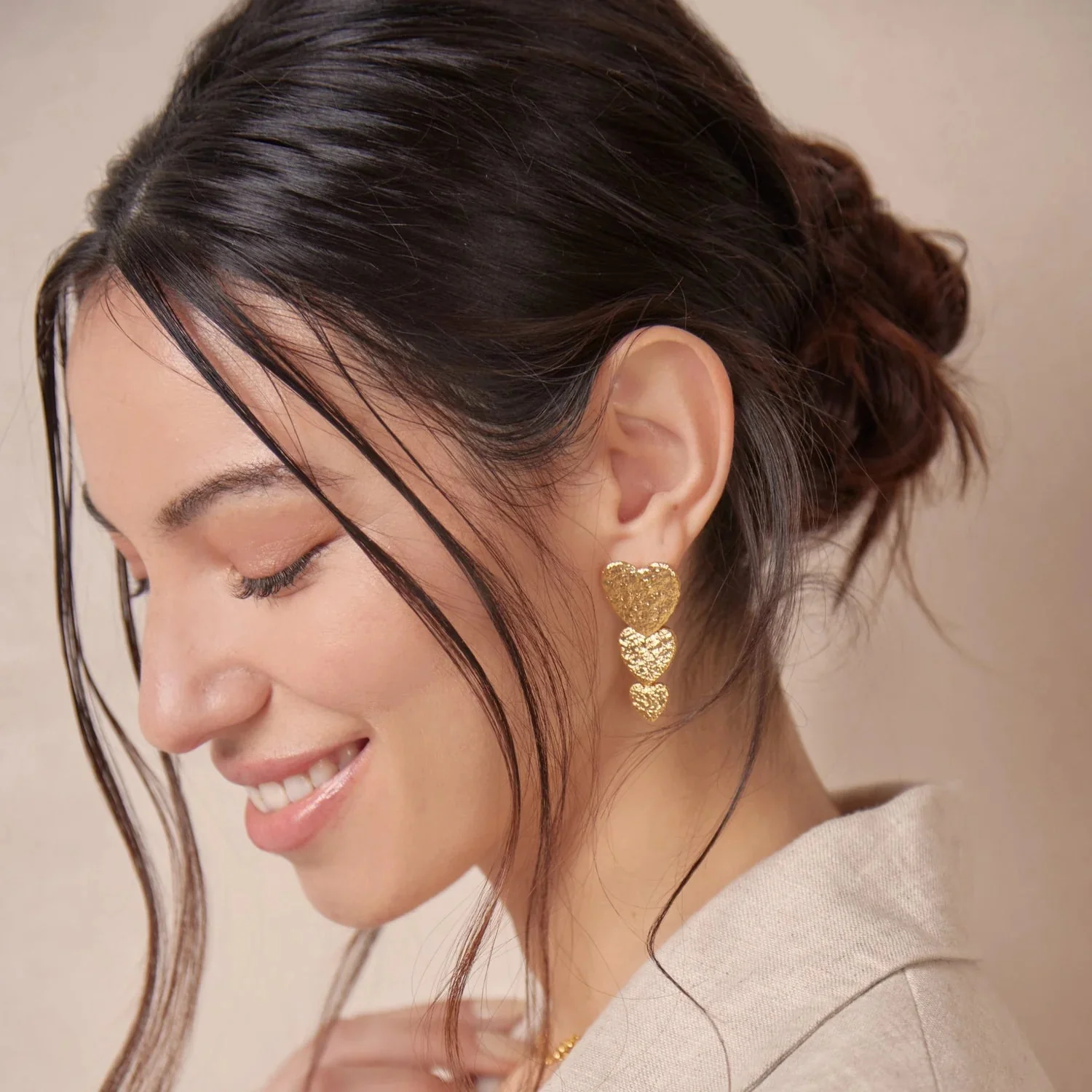 Statement Textured Heart Drop Earrings Pale Gold - Image 2
