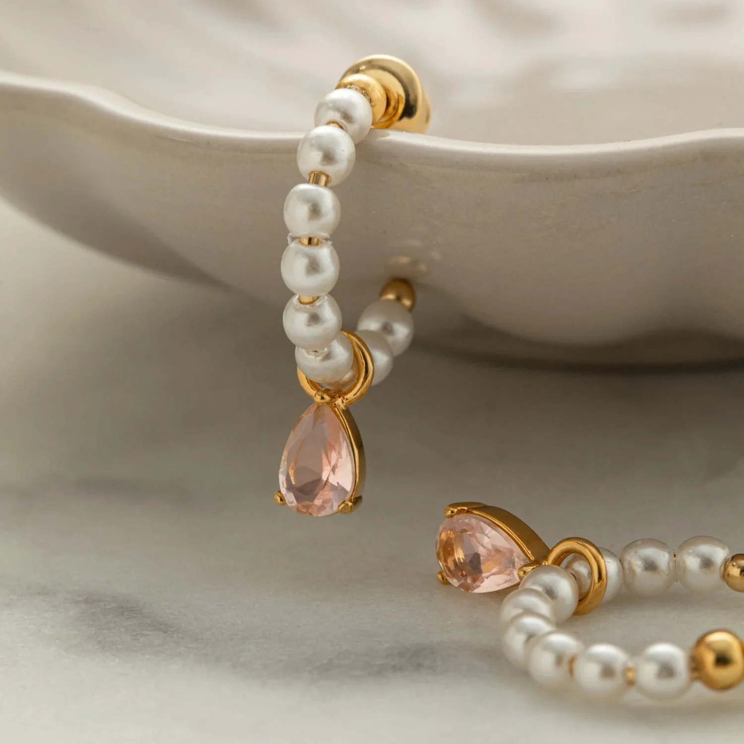 Beaded Pearl Teardrop Hoop Pale Gold - Image 3